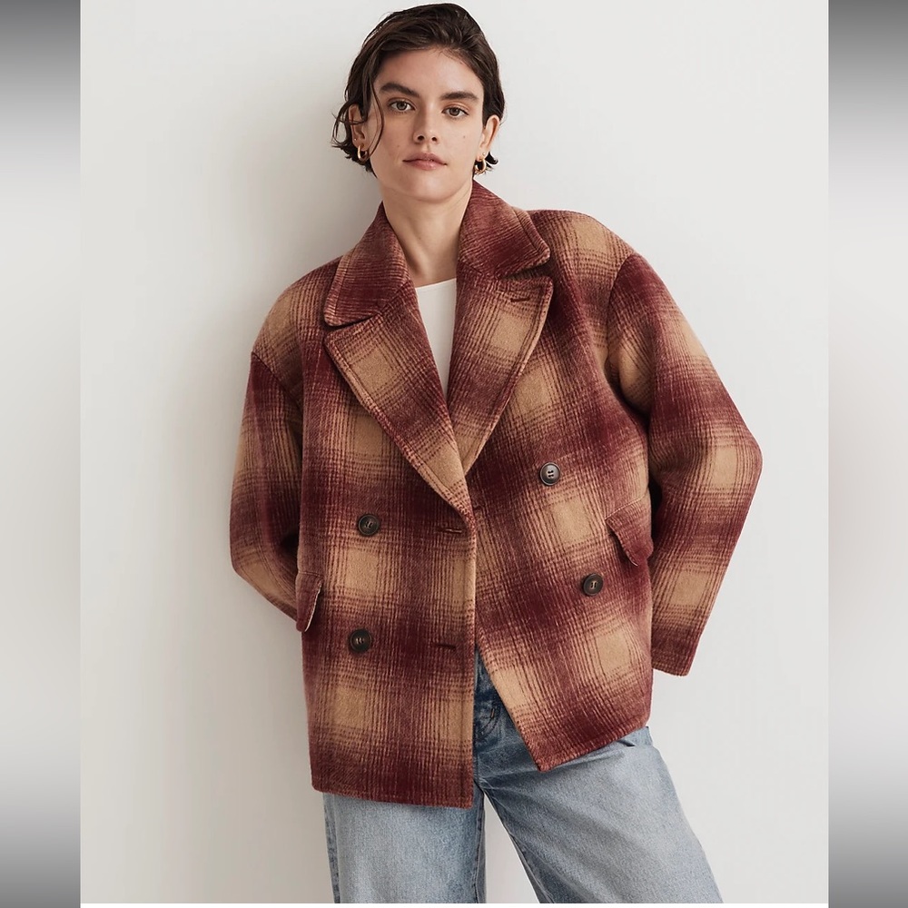 Madewell Brushed Double-Breasted Short Coat in Dorinda Plaid